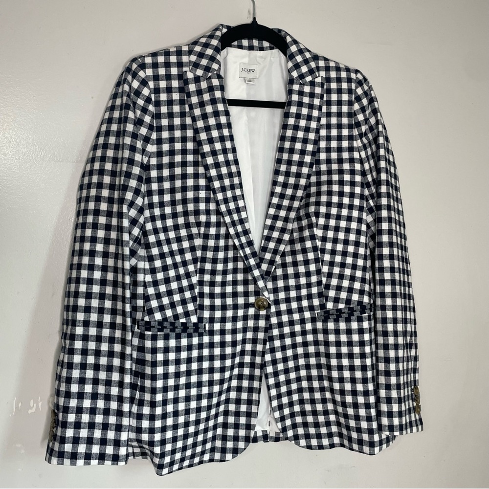 J. Crew Holland‎ Blazer Linen Blend Navy White Gingham Size 4 Lined Preppy - Picture 2 of 12